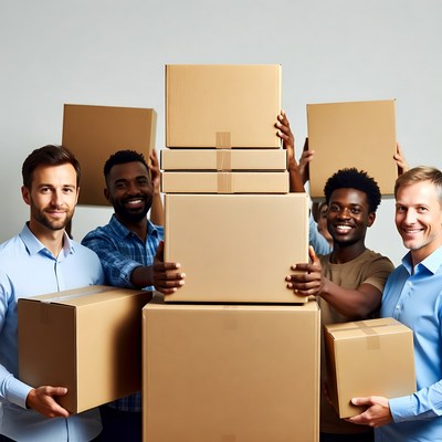 Group of men holding cardboard boxes