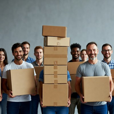 Diverse team holding stacked cardboard boxes