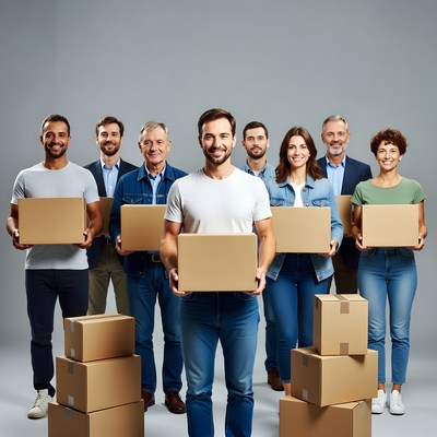 Diverse team holding cardboard boxes