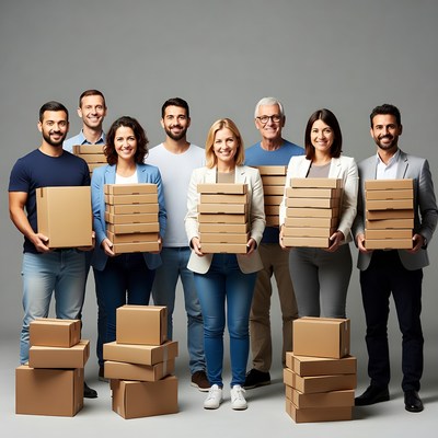 Diverse team holding cardboard boxes