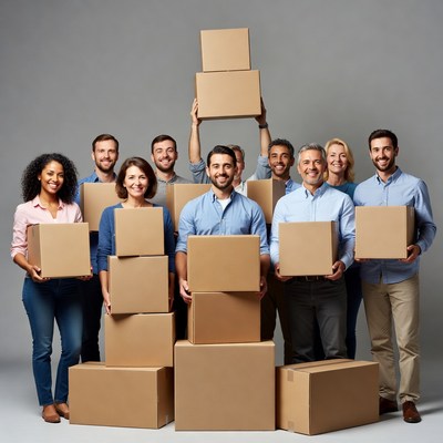 Diverse team holding cardboard boxes
