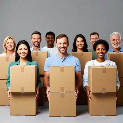 Diverse group holding cardboard boxes