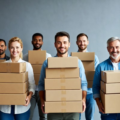 Diverse team holding cardboard boxes