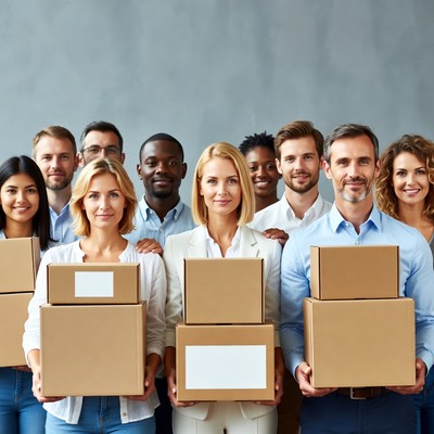 Diverse team holding cardboard boxes