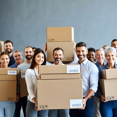 Diverse team holding cardboard boxes