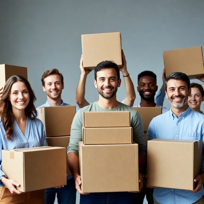 Diverse team holding cardboard boxes