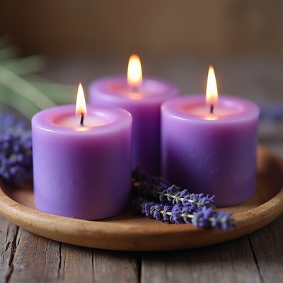 Three Purple Lavender Candles Burning