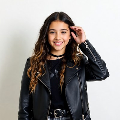 Smiling girl in leather jacket