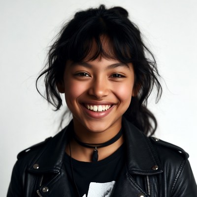 Smiling Asian woman in leather jacket