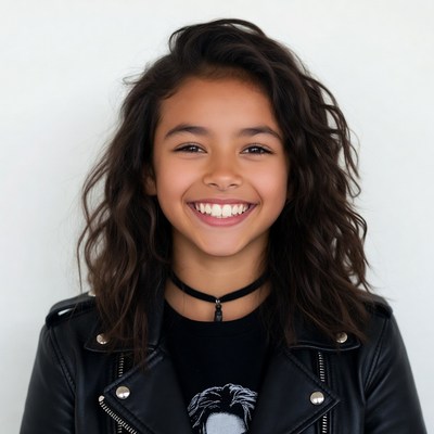Smiling girl in leather jacket
