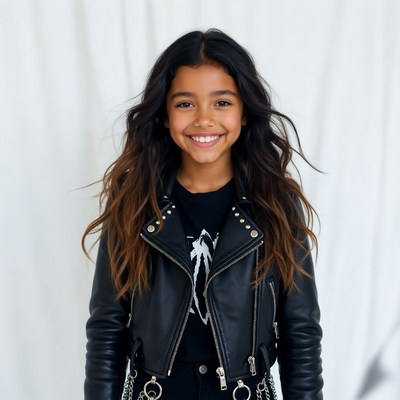 Smiling girl in leather jacket