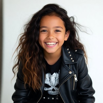 Smiling girl in skull leather jacket
