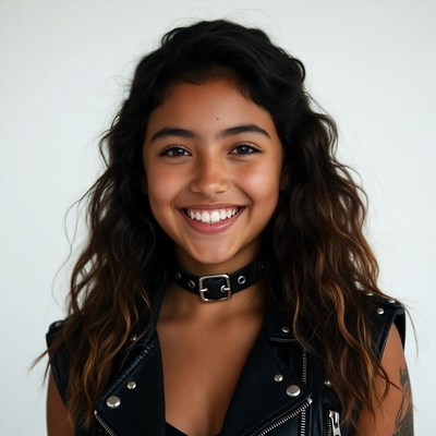 Smiling woman in leather vest and choker
