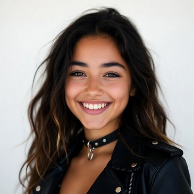 Smiling woman in leather jacket
