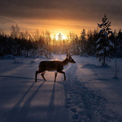 Deer walking in snowy forest sunset
