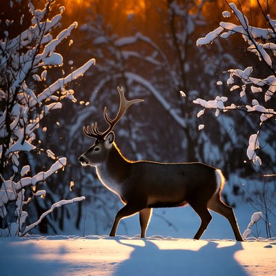 Buck walking in snowy forest