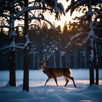 Buck walking in snowy forest
