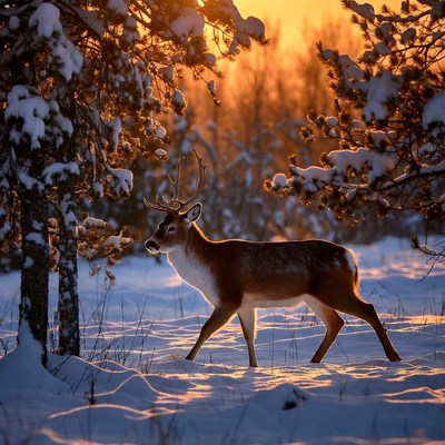 Deer walking in snowy forest sunset