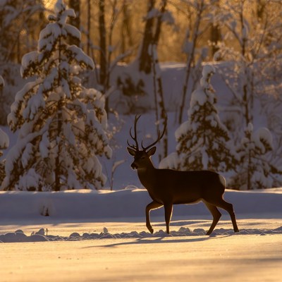 Buck walking in snowy forest