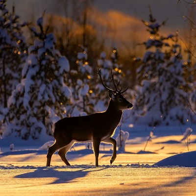 Stag walking in snowy forest
