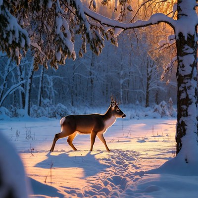White-tailed deer walking in snowy forest