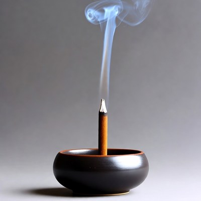 Incense Stick Burning in Ceramic Holder