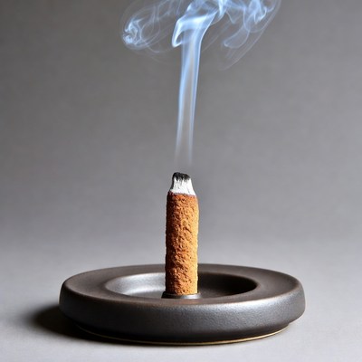 Burning Incense Stick in Ceramic Holder