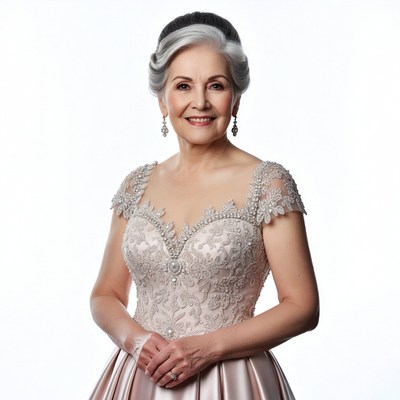 Elderly woman in elegant beaded gown