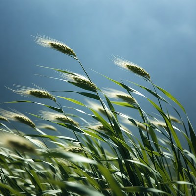 Wheat stalks in wind against blue sky