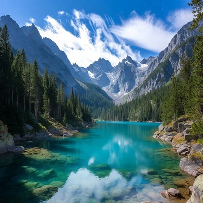 Turquoise Lake in Snowy Mountains