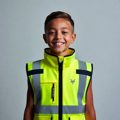 Boy smiling in yellow hi-vis vest