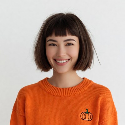 Asian woman smiling in pumpkin sweater