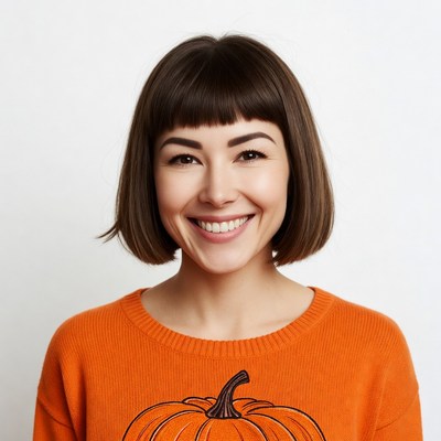 Smiling woman in pumpkin sweater