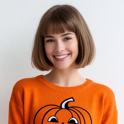 Woman smiling in jack-o-lantern sweater
