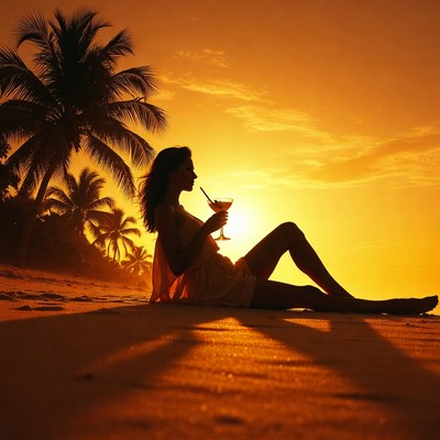 Woman sipping cocktail on beach sunset
