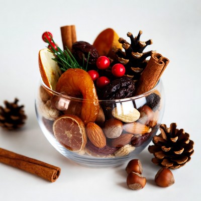 Glass bowl of dried fruits and nuts