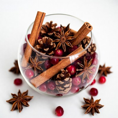 Glass Bowl with Cinnamon Sticks and Pinecones