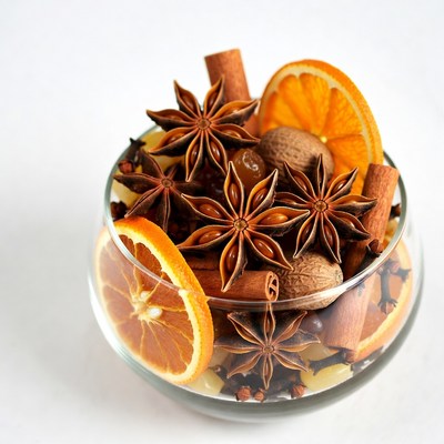 Star Anise, Cinnamon, Oranges in Glass Bowl
