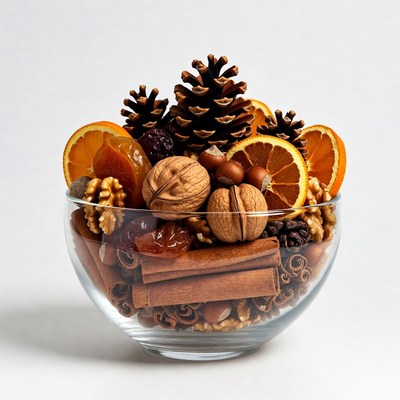 Glass bowl of nuts oranges pinecones cinnamon