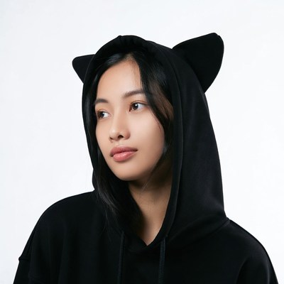Asian woman in black cat ear hoodie