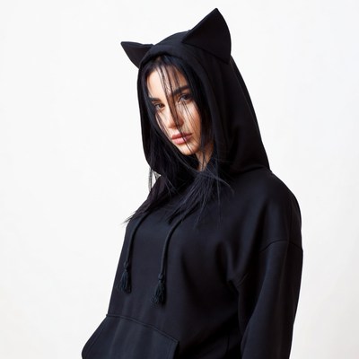 Woman in black cat ear hoodie