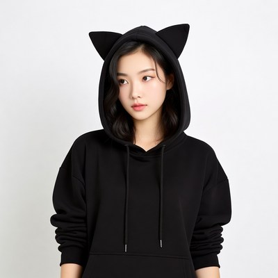 Asian woman in black cat ear hoodie