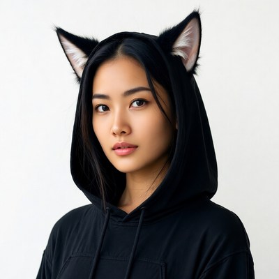 Asian woman wearing cat ears hood