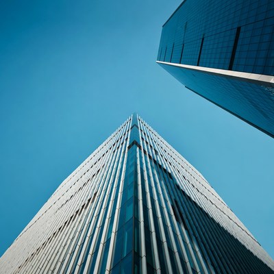 Tall glass skyscrapers against blue sky
