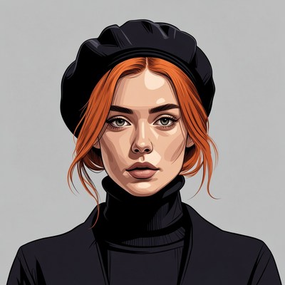 Redhead woman in black beret