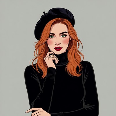 Redhead woman in black beret