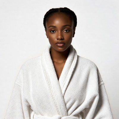 African-American woman in white bathrobe