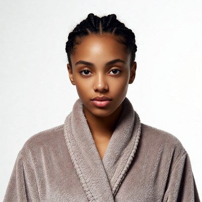 African-American woman in gray bathrobe