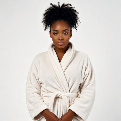 African-American woman in white bathrobe
