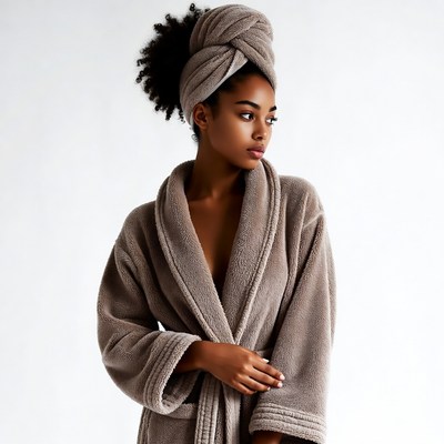 African-American woman in bathrobe and headwrap